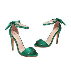 Shop Green Satin Bow Heels Effortless Ankle Strap Stiletto Party Sandals color Green for Music Festival, Night Club, Party, Wedding with worldwide Free shipping & Free return. Green Open Heel Evening Heels, Green High Heel Sandals For Evening, Green Heels With 4-inch Heel For Party, Party Ankle Strap Sandals, Holiday High Heel Sandals, Green Open Heel Sandals For Night Out, Fitted Ankle Strap Sandals For Party, Holiday Cocktail Heels With Ankle Strap, Green Evening Sandals With Wrapped Heel