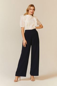 Wideleg Palazzo Trouser - Navy - When it comes to trousers, go big or go home! These high-waisted palazzos have been designed with an ultra-wide leg that's as flattering as it is fashionable. Palazzo Trousers Outfits, Wideleg Pants Outfit, Wide Leg Trousers Outfit Classy, Palazzo Outfit, Streetwear Fashion Aesthetic, White Culottes, Wide Leg Outfit, Wide Leg Trousers Outfit, Fancy Shirt