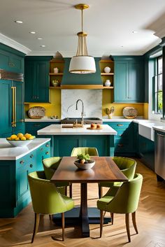 a kitchen with teal cabinets and green chairs around a wooden table in the center