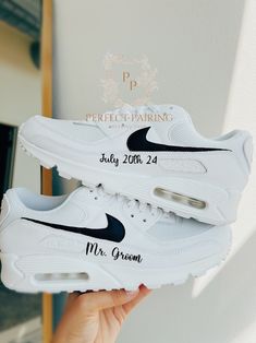 Nike Grooms Custom Air Max 90 Wedding Sneakers for Men Mr. Groom Nike Black Swoosh Personalized Sneakers - Etsy Customizable White Wedding Sneakers, Custom White Wedding Sneakers, Customizable White Sneakers For Wedding, White Low-top Bridal Sneakers, Customizable Low-top Sneakers For Anniversary, Custom Air Max 90, Sneaker Wedding, Bride Sneakers, Personalized Sneakers