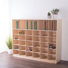 a bookshelf filled with lots of books next to a potted plant on top of a hard wood floor