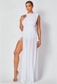 Fitted One-piece Summer Maxi Dress, Stretch Beachwear Dress For Beach Cover-up, Backless Beachwear Maxi Dress For Night Out, Fitted Long Beach Dress For Beach Party, Fitted One-piece Maxi Dress For Vacation, Sheer Stretch Maxi Dress For Summer, Beachwear Maxi Dress With Side Slits For Beach Cover-up, Stretch Maxi Dress With Sheer Back, Spring Stretch Beachwear Maxi Dress