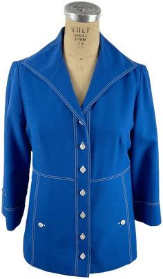 Luxury Vintage Blue Blazer, Royal Blue Blazer, 1970s Jacket, Royal Blue Blazers, Vintage Runway, Linen Jacket, Top Stitching, Cuff Sleeves, Vintage Boutique