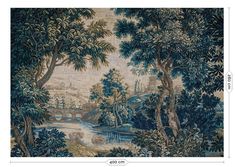 an image of a tapestry with trees and water in the foreground, along with a river running through it