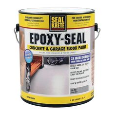 a can of epoxy seal concrete and garage floor paint on a white background