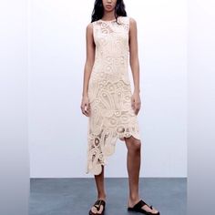 Brand New With Tags! Bloggers’ Favorite Sleeveless Crochet Midi Dress Featuring A Round Neck, Matching Fabric Lining And Asymmetric Hem. Ref. 2712/484 Crochet Midi Dress, Crochet Midi, Asymmetric Dress, Asymmetrical Dress, Zara Dresses, Asymmetric Hem, Cream White, Colorful Dresses, Round Neck