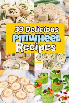 several different pictures with the words, 3 delicious pinwheel recipes on them and images of rolled up food