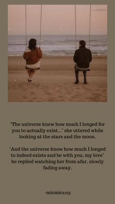 two people sitting on swings at the beach with an ocean in the background and a quote written below