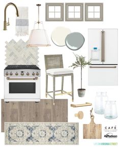 a kitchen design board with white appliances and accessories