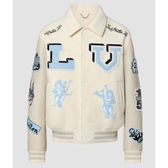 Shop Now With Free Shipping High Quality Leather Jackets Coats And Costumes In Low Price. Check item description on website. Louis Vuitton Jacket, Leather Street Style, Letterman Jacket, Louis Vuitton Official, Milky White, Genuine Leather Jackets, Louis Vuitton Men, Leather Sleeve, Chrome Hearts