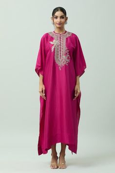 Buy Pink Dupion Silk Placement Hand Embroidery Floral Round Yoke Kaftan For Women by JAYANTI REDDY Online at Aza Fashions. Three Quarter Sleeves, Quarter Sleeve, Aza Fashion, Floral Embroidery