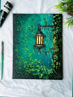 a painting of a lamp post on a green background with leaves and plants next to it