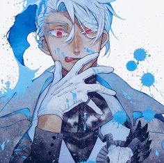 an anime character with white hair and red eyes holding a glove in front of his face