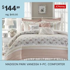 The Madison Park Vanessa 9 Piece Cotton Percale Comforter Set offers a shabby chic update to your bedroom decor. A paisley print is featured on the cotton comforter with pintucked fabric separated by lace taping embellishments. Around the edge, a ruched flange adds a graceful touch, for a charming cottage look. Matching shams mirror the design of the comforter, while 2 solid Euro shams complement the top of the bed. The 3 decorative pillows and a solid bedskirt complete this farmhouse comforter… Farmhouse Comforter, King Bedding, Charming Cottage, California King Bedding, King Bedding Sets, Cotton Comforters, The Madison, Madison Park, Euro Shams