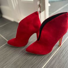 Brand New Only Tried On!!! Size 38 Unable To Return Red High Heel Booties For Winter, Red High Heel Winter Booties, Red Ankle-high Winter Heels, Red Ankle-high Heels For Winter, Winter Red Ankle-high Heels, Red High Heel Booties, Red High Ankle Heels For Spring, Red Suede Pointed Toe Heels, Red Pointed Toe Booties For Fall