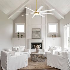 a living room filled with furniture and a fire place in the middle of a room