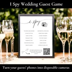 there is a sign that says i spy wedding guest game with wine glasses on the table