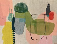 an abstract painting with yarn, scissors and other items on it's surface in various colors