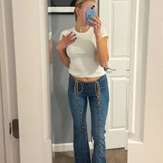 Vintage Y2k Younique Suede Lace Up Jeans Item Is In Used, Preloved Condition Model Is 5’6” & Size S/26/2 For Reference So Cut!! Can Make The Laces As Loose Or Tight As You Want! **See Measurements, But Note That The Looser / Tighter You Make Them The Waist Expands / Gets Smaller! Lace Up Jeans, Jean Vintage, Suede Lace, Jeans Color, Younique, Vintage Jeans, Vintage Y2k, Vintage Ladies, Tights