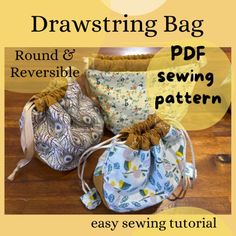 three drawstring bags with the text round and reversible sewing pattern