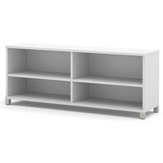 a white bookcase with three shelves on one side and two smaller ones on the other