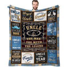 a man is holding up a blanket with the words uncle and uncle in different languages