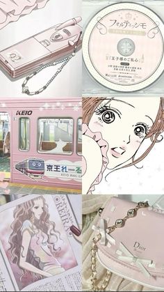 an image of a woman's face on the side of a train with other items