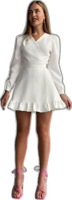 Solid V-neck Mini Dress With Ruffle Hem, White V-neck Solid Mini Dress, Fitted White V-neck Dress With Ruffles, White Fitted V-neck Dress With Ruffles, Feminine V-neck Dress With Ruffle Hem, Feminine Solid V-neck Mini Dress, Ruffles, High Waist, A Line