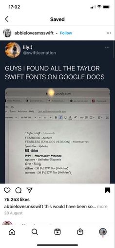 an image of someones twitter account with the caption guys found all the taylor swift font on google docs