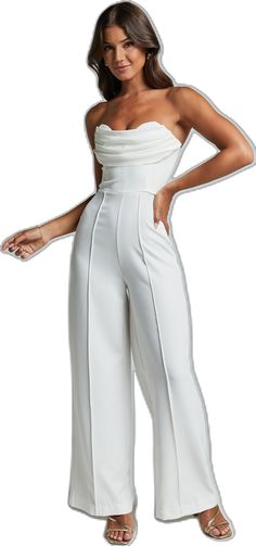 Solid Color Strapless Wide Leg Jumpsuit For Party, White Sleeveless Pantsuit For Night Out, White Strapless Jumpsuit For Evening, Elegant White Jumpsuits And Rompers For Night Out, Elegant White Strapless Jumpsuit For Evening, White Strapless Jumpsuit For Summer Nights, White Strapless Jumpsuit For Night Out In Summer, White Summer Evening Pantsuit, Elegant White Strapless Jumpsuit For Party