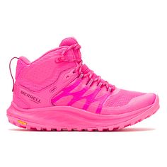 Antora 3 Mid Waterproof, Knockout Pink Waterproof Lace-up Running Boots With Vibram Sole, Pink Athleisure Sneakers For Outdoor, Pink Sneakers With Boost Midsole For Outdoor Activities, Pink Sporty Walking Shoes For Outdoor, Sporty Pink Walking Shoes For Outdoor, Functional Pink Lace-up Trail Running Shoes, Outdoor High-top Athleisure Running Shoes, High-top Athleisure Running Shoes For Outdoor, Sporty Lace-up Waterproof Boots With Shock Absorption