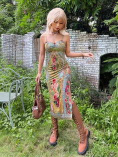 Multicolor Boho Collar Sleeveless Knitted Fabric Floral Cami Embellished Slight Stretch  Women Clothing Trendy Festival Outfits, Outfits Y2k, Y2k Aesthetic Outfits, Mode Inspo, Women Long Dresses, Rave Outfits, Spring Outfits Casual, Cami Dress, Y2k Fashion