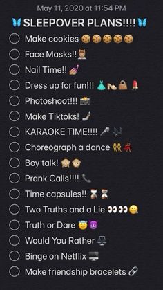 an image of a list for sleepover plans with emotes on the side