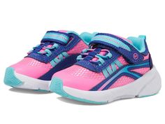 a child's pink and blue sneaker shoe with two velcro straps