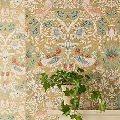 a potted plant sitting on top of a white shelf next to a wallpaper