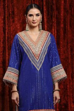 Electric blue kurta with gota, dori and badla embroidered yoke and cuffs. Paired with a tulip pant with gota embroidered panels and chequered pattern dupatta. - Aza Fashions Tulip Pants, Kurta Cotton, Blue Kurta, Embroidered Bodice, Kurta With Pants, Pants Pattern, Checkered Pattern, Pant Set, Set For Women