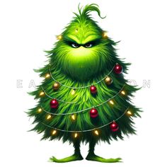 a green christmas tree with lights on it's head and eyes, in front of a white background