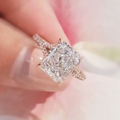 3.0 CT Radiant Solitaire Split Shank CVD F/VS1 Diamond Engagement Ring – Barbara Maison Crushed Diamond Ring, Radiant Diamond Engagement Rings, Radiant Moissanite, Dainty Engagement, Vs1 Diamond, Ring Matching, Pave Engagement Ring, Types Of Diamonds, Wedding Rings Rose Gold