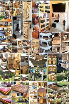 many different types of wooden pallets are shown in this collage, including tables and chairs