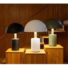 three different colored lamps sitting on top of wooden shelves