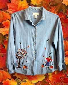 Béchamel top women’s blue chambray embroidered fall season button up | eBay Washed Blue Button-up Blouse For Fall, Fall Multicolor Embroidered Button-up Top, Fall Chambray Button-up Shirt, Embroidered Denim Blue Button-up Top, Washed Blue Chambray Button-up Top, Chambray Fabric, Fall Festival, Fall Season, Dressed Down