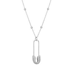 Show your alliance with refugees regardless of race, religion, and gender by wearing this fascinating Jewelled Safety Pin Necklace. Designed in a 925 recycled sterling silver, it highlights a vertical safety pin pendant accented with pave sparkling cubic zirconias, giving you a ritz and glitz look. It has an adjustable yet delicate linking chain so adjust it to your desired length for a stylish statement look. This safety pin necklace comes in lustrous silver and gold tones, complementing your c Silver Paperclip Chain Pendant Necklace, Silver Necklace With Paperclip Chain Pendant, Silver Pendant Necklace With Paperclip Chain, Silver Paperclip Chain Pendant Jewelry, Sterling Silver Pendant With Paperclip Chain, Silver Pendant Jewelry With Paperclip Chain, Sterling Silver Pendant Jewelry With Beaded Chain, Sterling Silver Pendant With Satellite Chain, Sterling Silver Necklace With Beaded Chain In White Gold