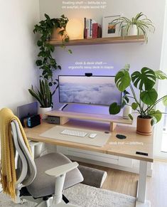 plants * keyboard * shelves * wood * wooden shelves Plant Shelf Over Desk, Two Desks In Bedroom, Desk With 2 Monitors Home Office, Corner Office Space In Bedroom, Minimalist Office Ideas, Gaming Setup Simple, Cozy Hobby Room, Simple Desk Setup, Minimalist Home Office Ideas