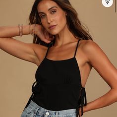 Bodysuit Size Small Never Worn Black Tops With Tie Straps For Beach, Black Tie Strap Tops For Beach, Casual Black Backless Halter Top, Fitted Black Bodysuit With Tie Back, Black Backless Bodysuit With Tie Back, Black Backless Top For Day Out, Tank Top Bodysuit, Sides For Ribs, Black Rib