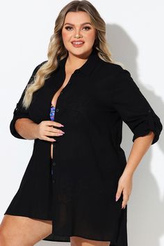 Black Button Front Swim Shirt Cover Up Black Collared Tops With Button Closure, Black Long Sleeve Shirt For The Beach, Black Summer Shirt With Buttons, Black Buttoned Summer Shirt, Summer Black Shirt With Buttons, Black Buttoned Shirt For Summer, Black Button-up Beach Top, Black Collared Top For The Beach, Black Long Sleeve Shirt With Roll-up Sleeves