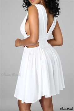 Olivia Mark - Chic White V-Neck Sleeveless Dress for Women - Casual, Solid Color with Elegant Hollowed-Out Back White Sleeveless Cutout Mini Dress, Sleeveless Cutout Back Dress For Vacation, White Sleeveless Mini Dress With Cutout, Summer Dress With Sleeveless Cutout Back, Sleeveless Dress With Cutout Back For Vacation, Sleeveless Mini Dress With Cutout Back For Beach, Beach Dresses With Cutout Back, Beach Dresses With Cutout Back And Sleeveless Design, Beach Dresses With Cutout Back Sleeveless