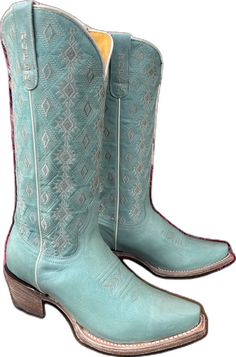 Blue Snip Toe Boots With Reinforced Heel, Blue Fitted Snip Toe Boots, Fitted Blue Snip Toe Boots, Southwestern Fitted Boots With Round Toe, Western Style Blue Boots With Square Toe, Western Turquoise Boots For Rodeo, Turquoise Western Boots For Ranch, Fitted Turquoise Boots For Ranch, Country Style Fitted Snip Toe Boots