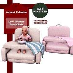 an advertisement for a low toddler's food chair with a doll sitting on it