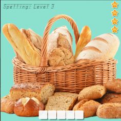 a basket filled with lots of different types of breads next to stars on a blue background