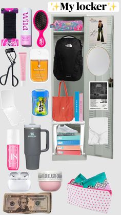 the contents of a travel bag are shown in this collage with text that reads, my locker